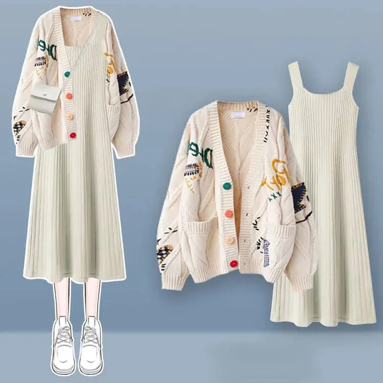 Graphic Letter Embroidery Knit Cardigan Sweater Slip Dress Two Piece Set