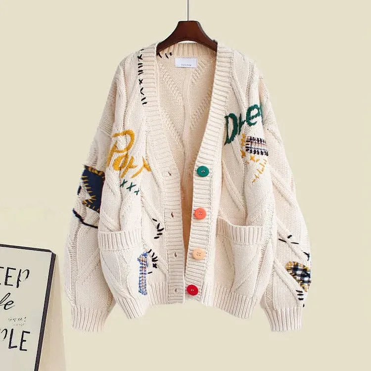 Graphic Letter Embroidery Knit Cardigan Sweater Slip Dress Two Piece Set