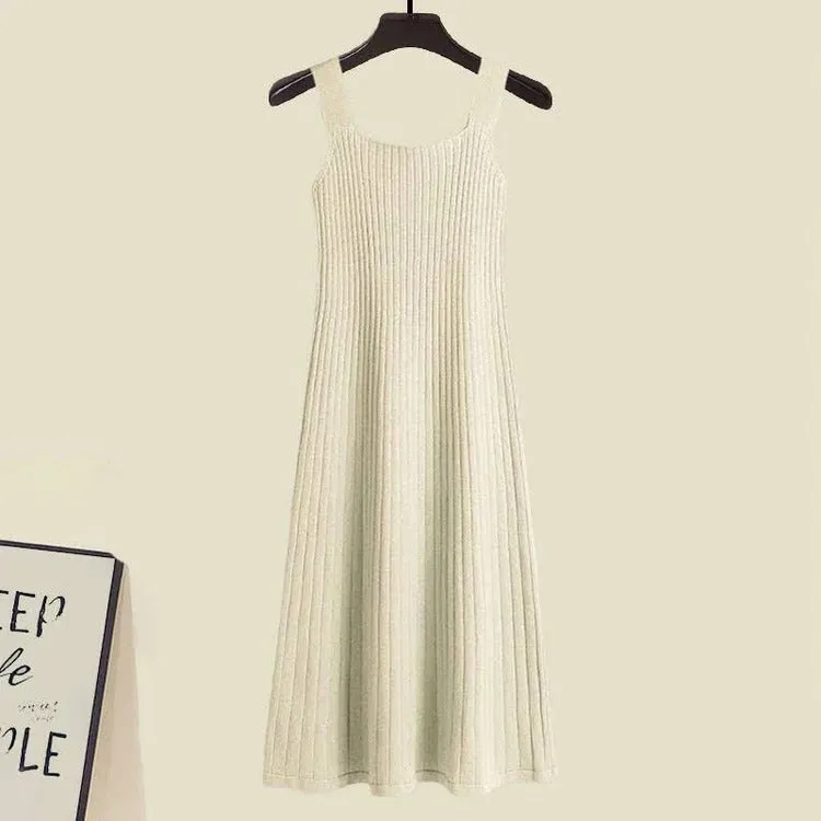 Graphic Letter Embroidery Knit Cardigan Sweater Slip Dress Two Piece Set