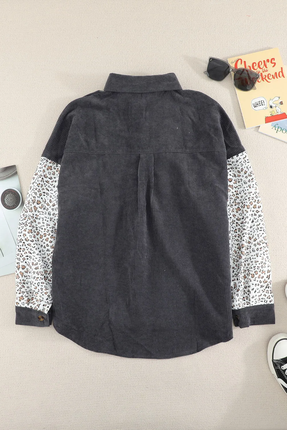 Grey Leopard Patchwork Casual Buttoned Corduroy Shirt Shacket