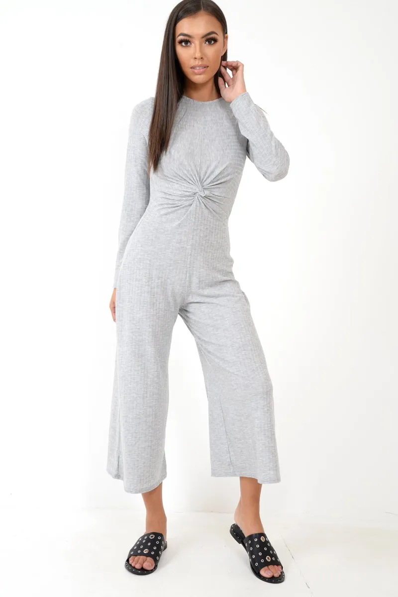 Grey Rib Twist Front Culotte Jumpsuit - Elexis