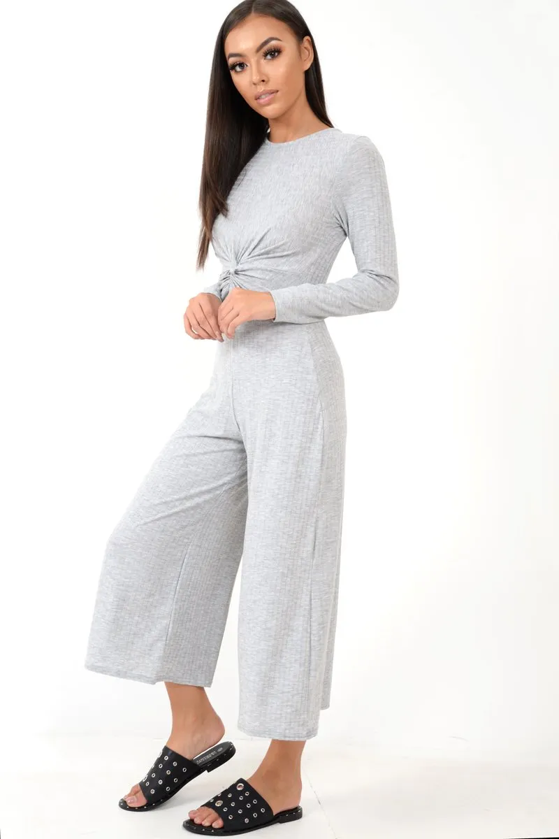 Grey Rib Twist Front Culotte Jumpsuit - Elexis