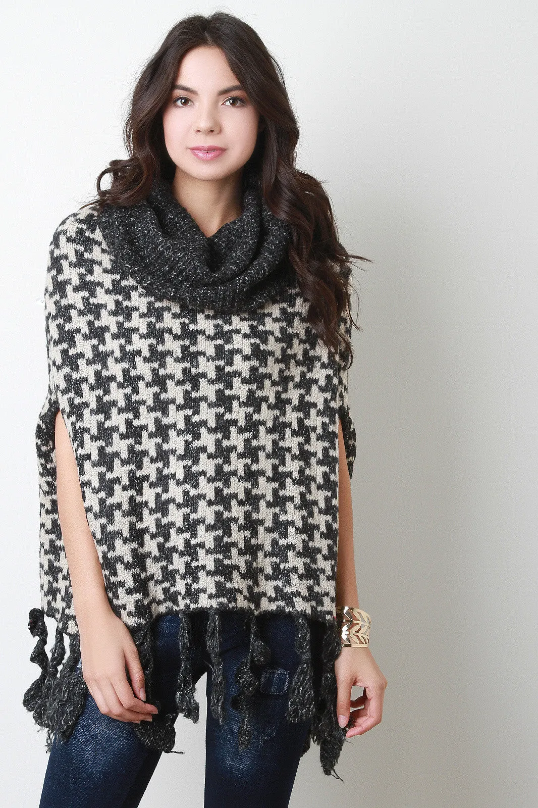 Houndstooth Cowl Neck Knit Cape