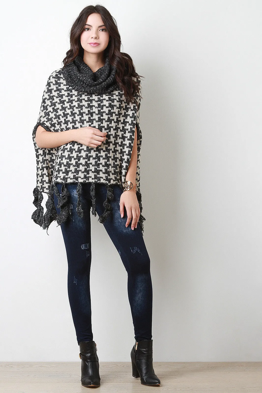 Houndstooth Cowl Neck Knit Cape