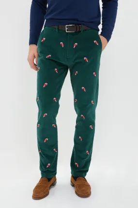 Hunter Green Candy Cane Embroidered Corduroy Pants (32" Inseam)