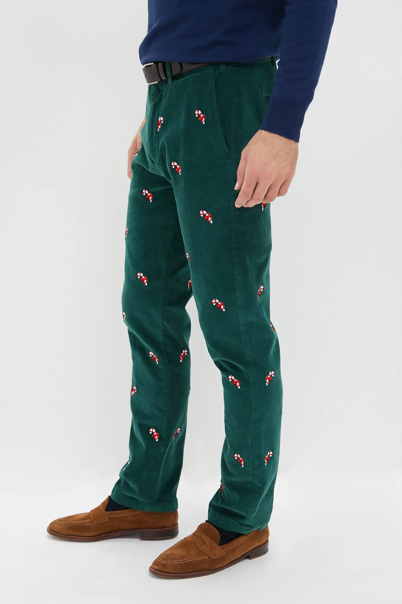 Hunter Green Candy Cane Embroidered Corduroy Pants (32" Inseam)