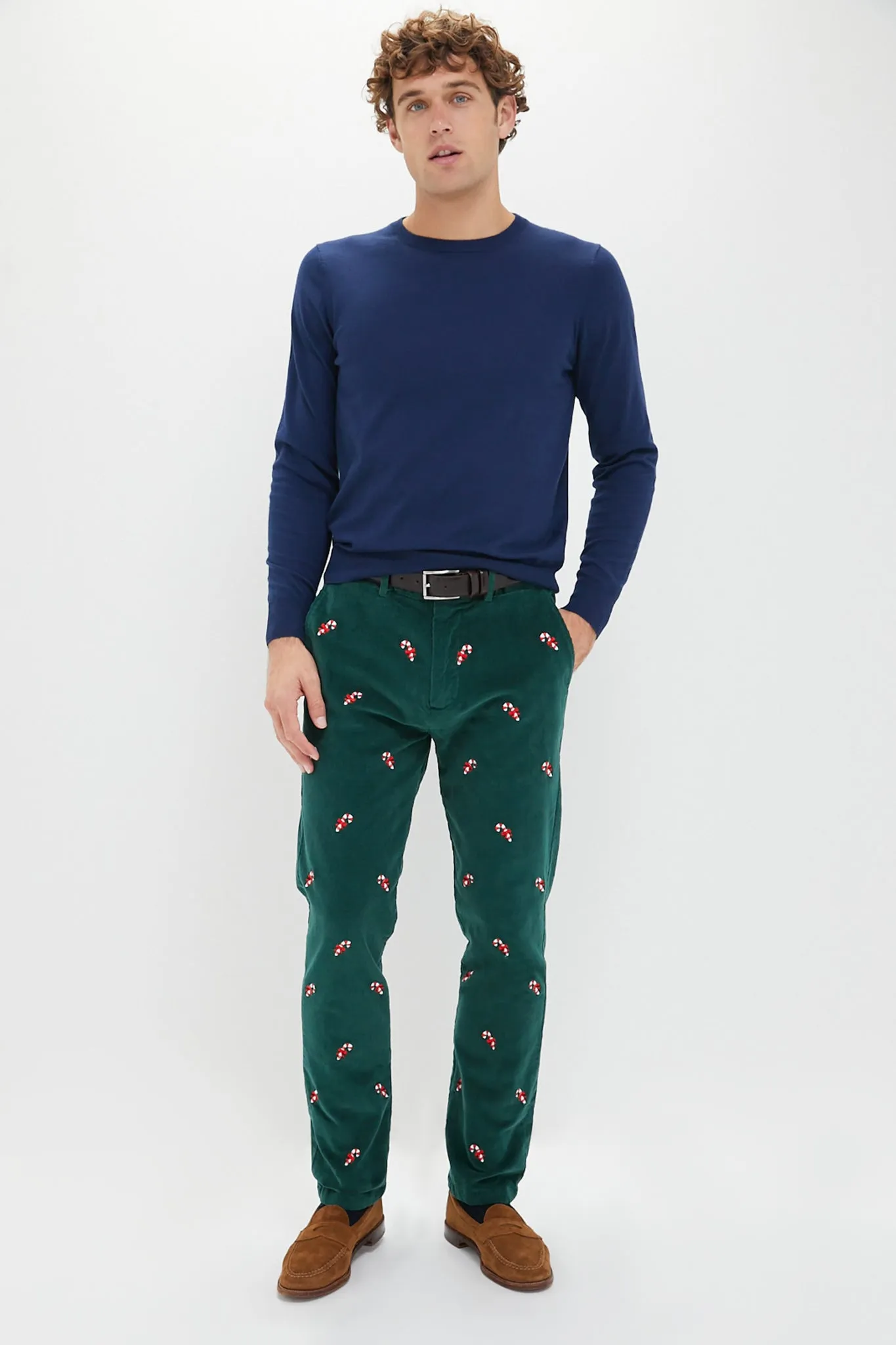 Hunter Green Candy Cane Embroidered Corduroy Pants (32" Inseam)