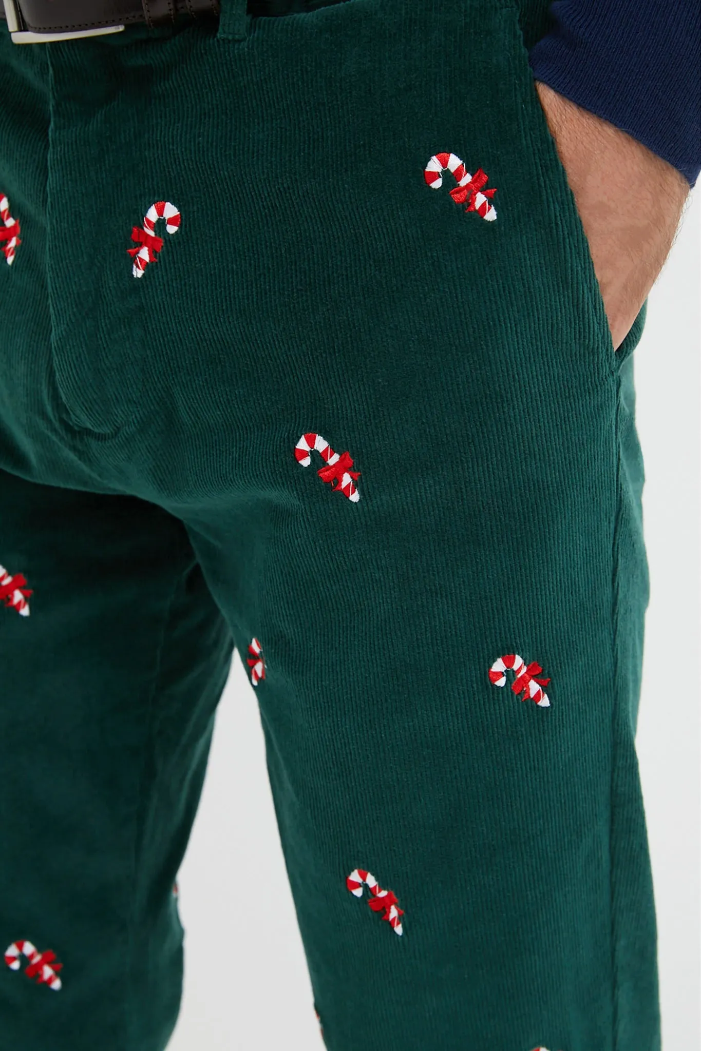 Hunter Green Candy Cane Embroidered Corduroy Pants (32" Inseam)