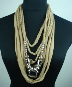 Infinity Scarf Necklace Boho Beige And Silver Braids With Bold Statement Beading It's A Scarf It's A Necklace Khaki Safari Look Wearable Art