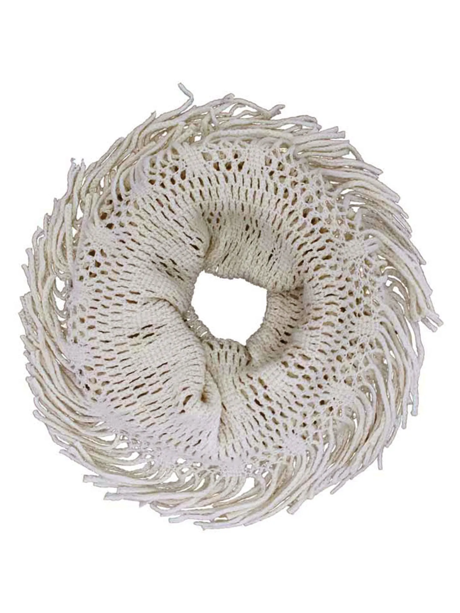 Ivory White Open Knit Infinity Scarf With Fringe