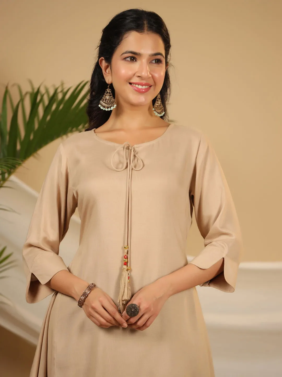 Jashvi  Beige Solid Printed Rayon Slub Kurta With Palazzo set