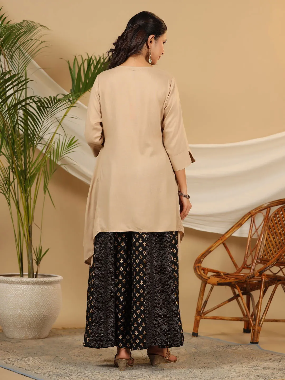 Jashvi  Beige Solid Printed Rayon Slub Kurta With Palazzo set