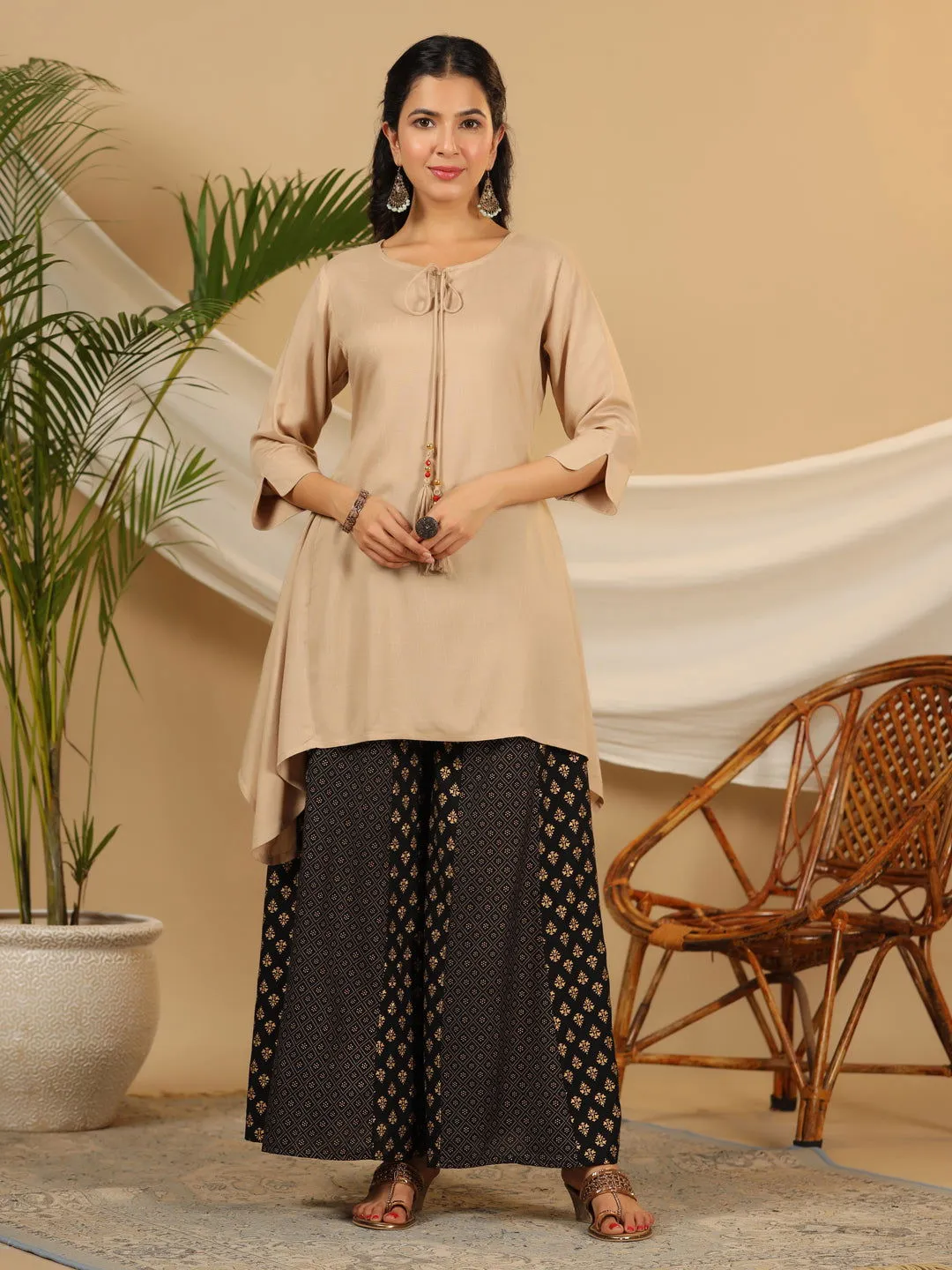 Jashvi  Beige Solid Printed Rayon Slub Kurta With Palazzo set