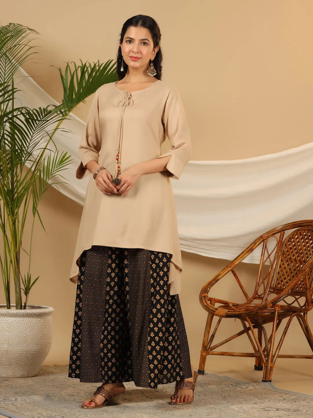 Jashvi  Beige Solid Printed Rayon Slub Kurta With Palazzo set