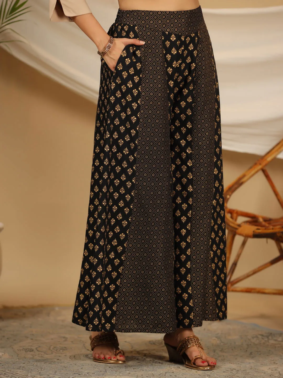 Jashvi  Beige Solid Printed Rayon Slub Kurta With Palazzo set