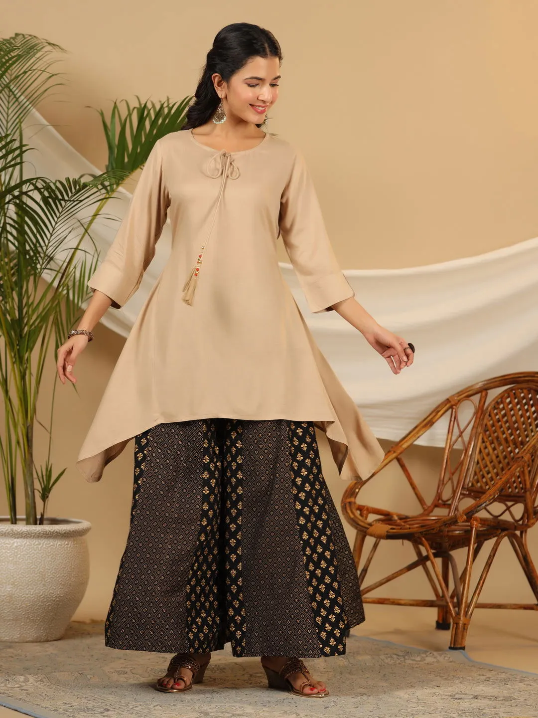 Jashvi  Beige Solid Printed Rayon Slub Kurta With Palazzo set