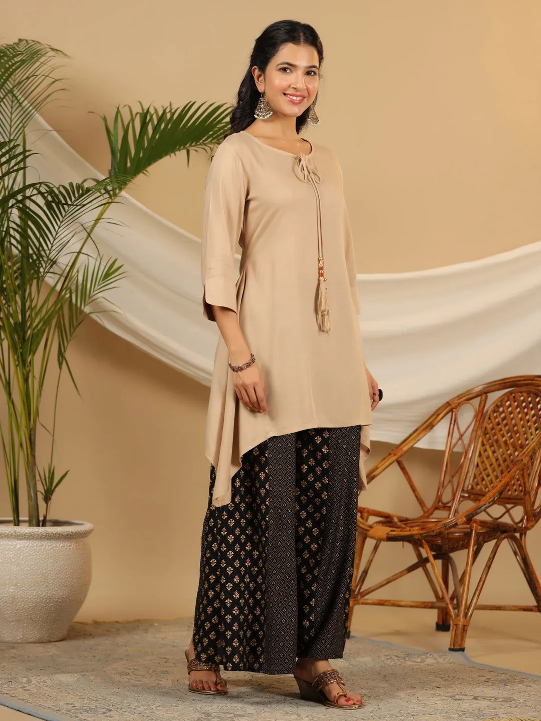 Jashvi  Beige Solid Printed Rayon Slub Kurta With Palazzo set