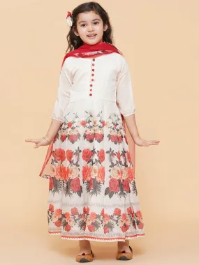 Jashvi Girls Beige Floral Printed Anarkali Kurti With Dupatta