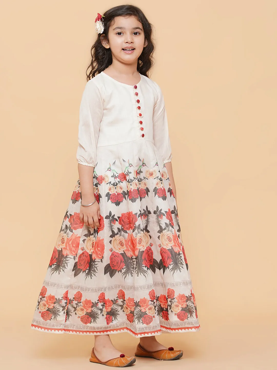 Jashvi Girls Beige Floral Printed Anarkali Kurti With Dupatta