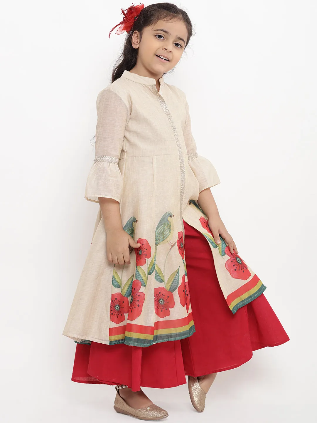 Jashvi Girls Beige Printed Kurti With Red Palazzos