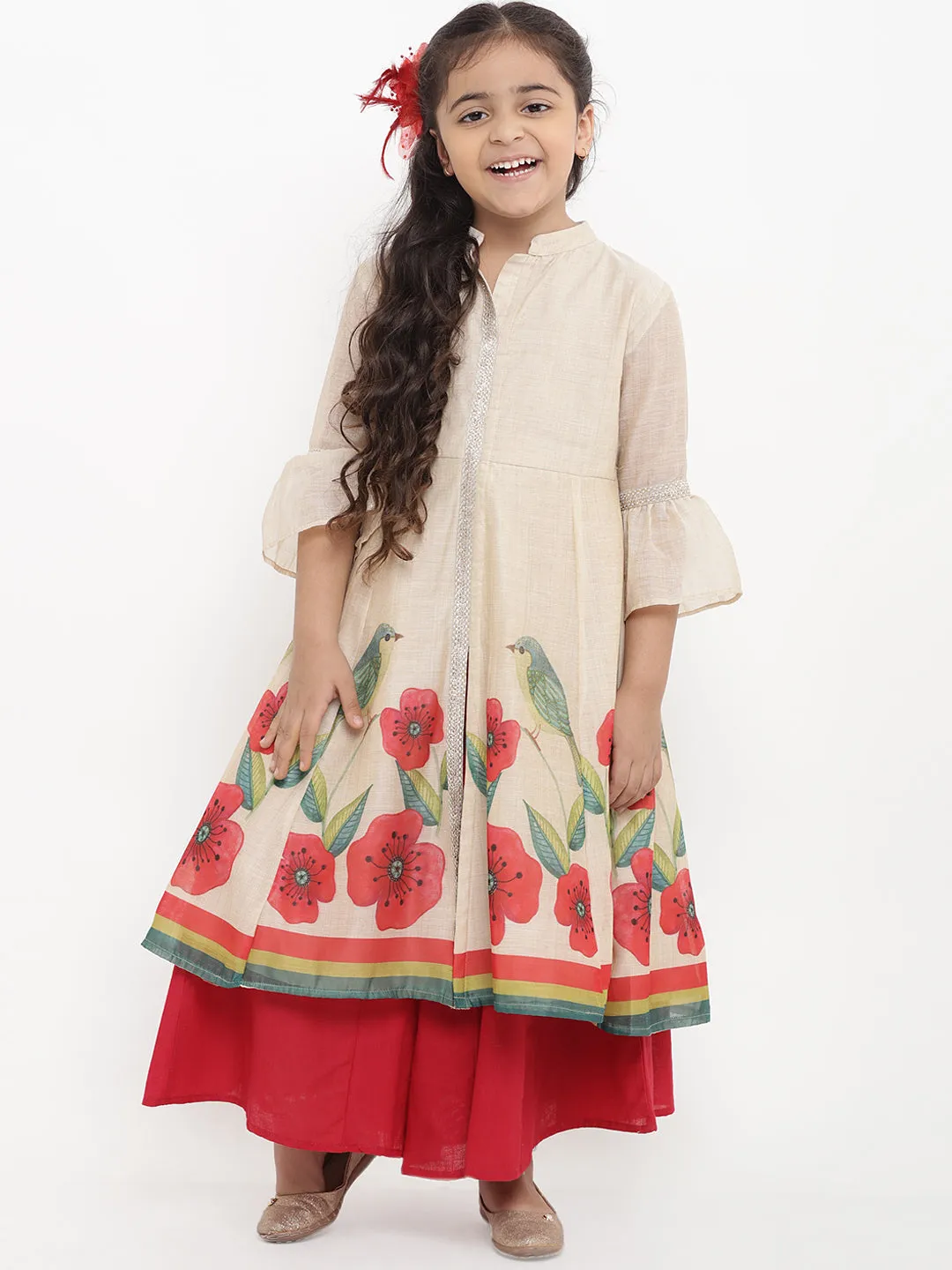 Jashvi Girls Beige Printed Kurti With Red Palazzos