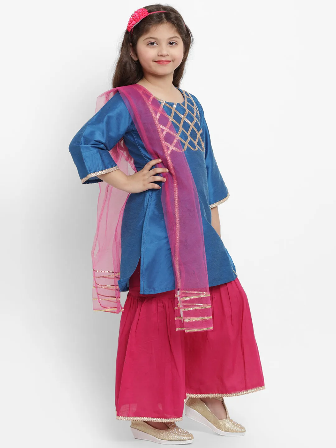 Jashvi Girls Blue Angrakha Gotta Patti Dupion Silk Kurta with Palazzos & With Dupatta