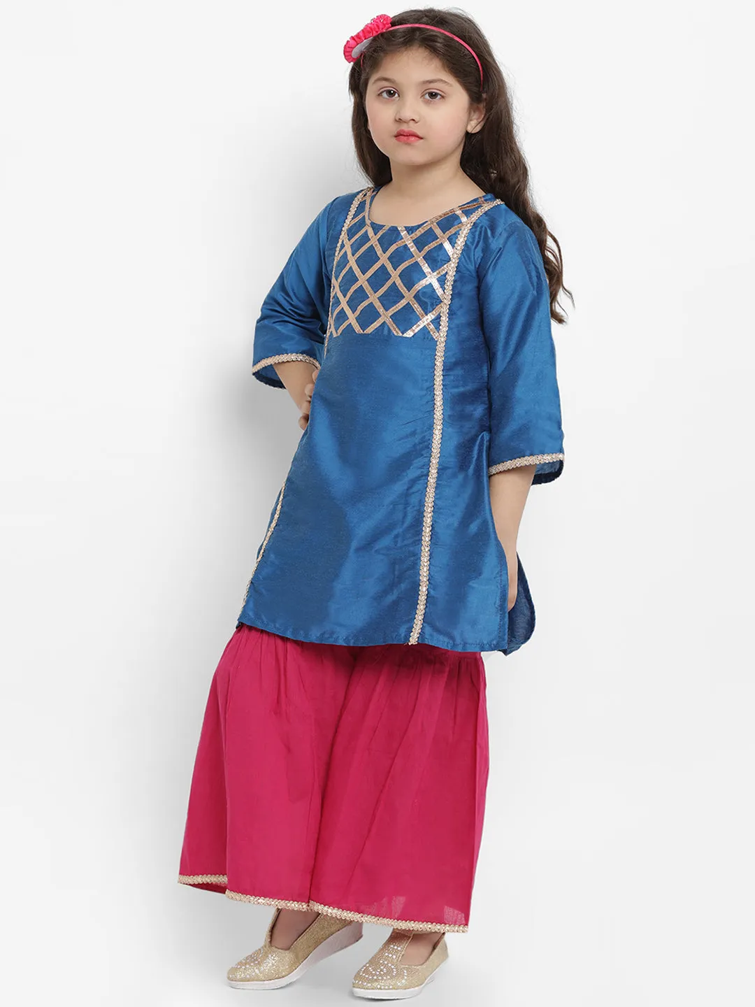 Jashvi Girls Blue Angrakha Gotta Patti Dupion Silk Kurta with Palazzos & With Dupatta