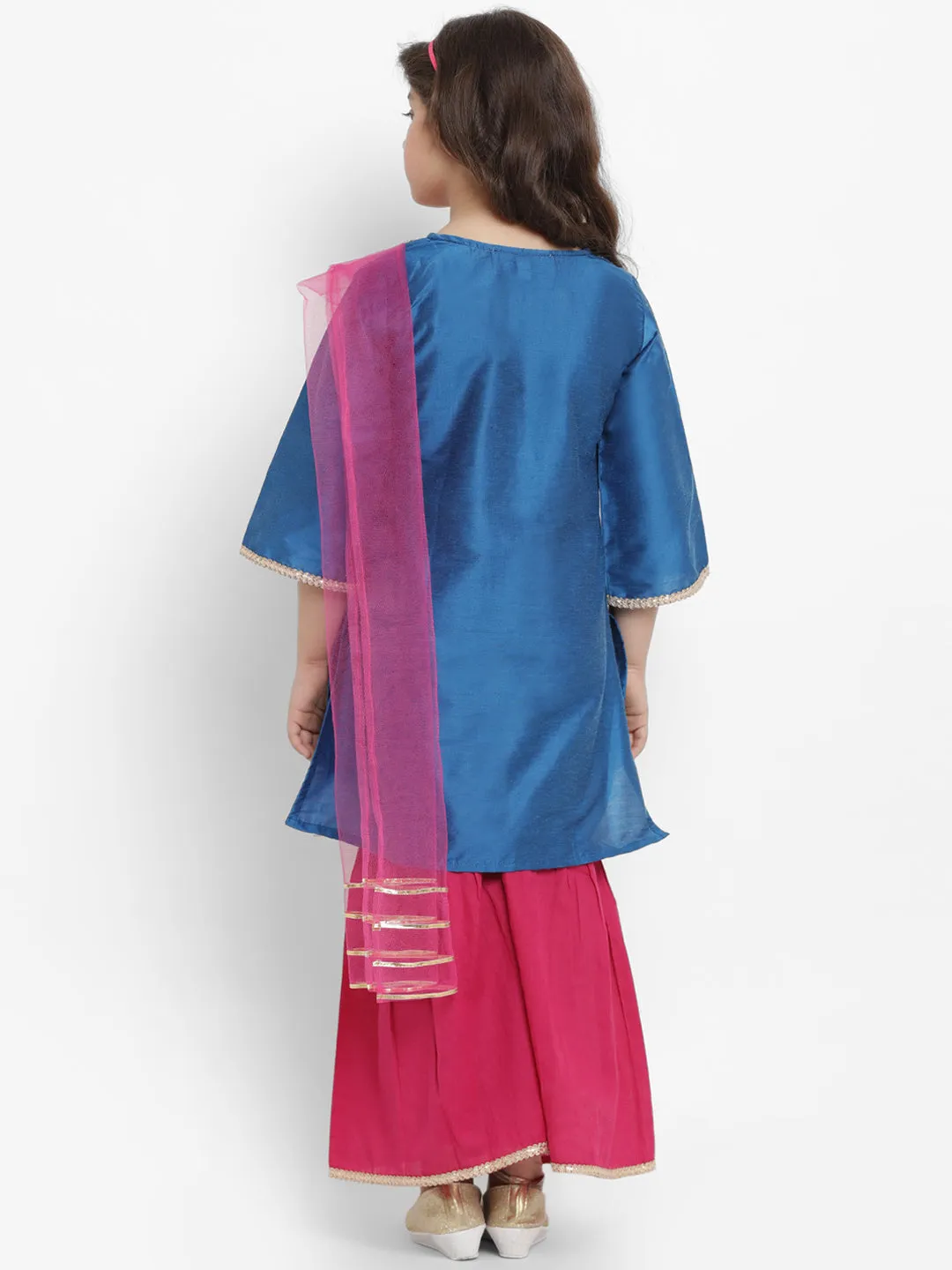 Jashvi Girls Blue Angrakha Gotta Patti Dupion Silk Kurta with Palazzos & With Dupatta