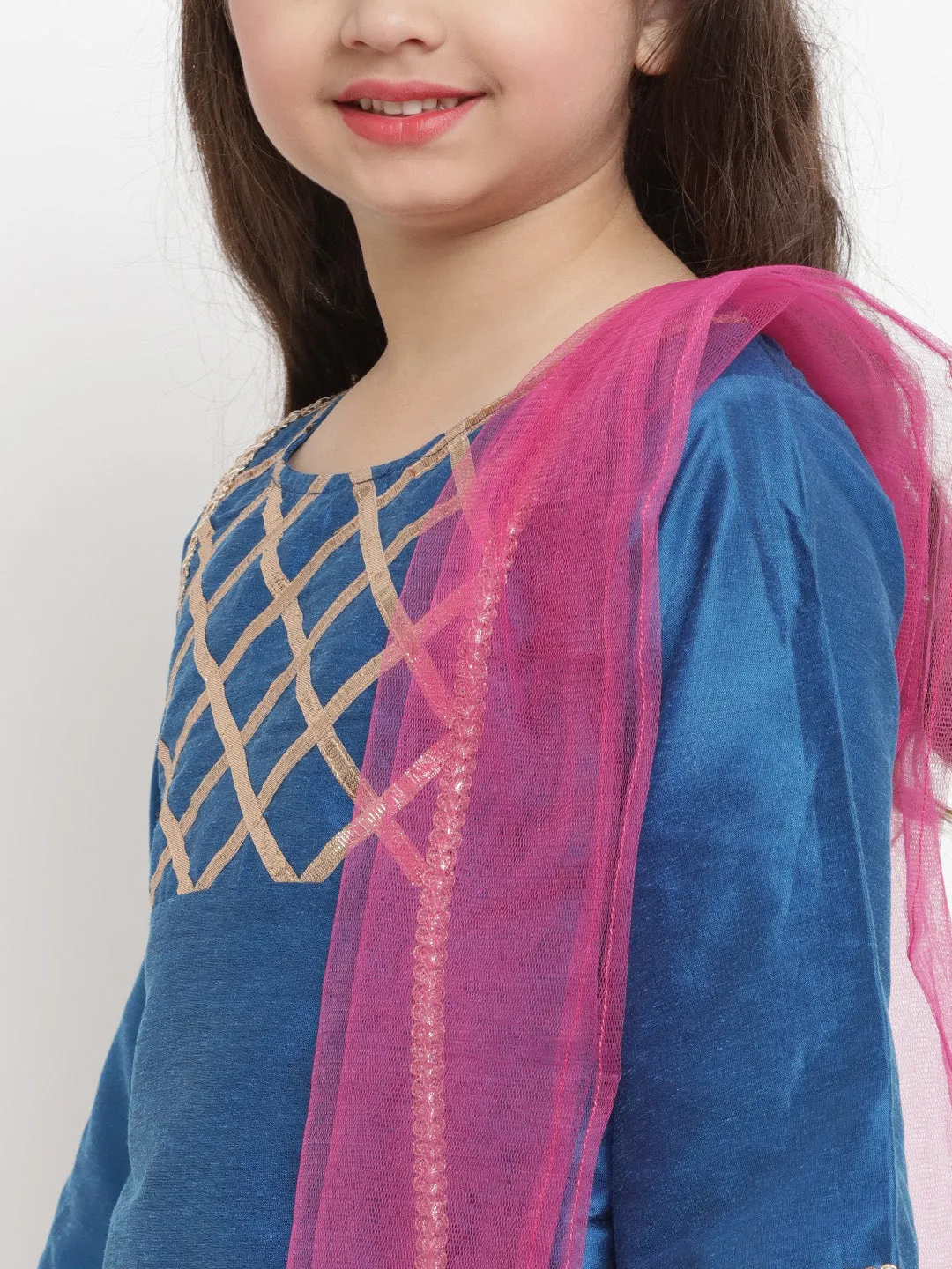 Jashvi Girls Blue Angrakha Gotta Patti Dupion Silk Kurta with Palazzos & With Dupatta