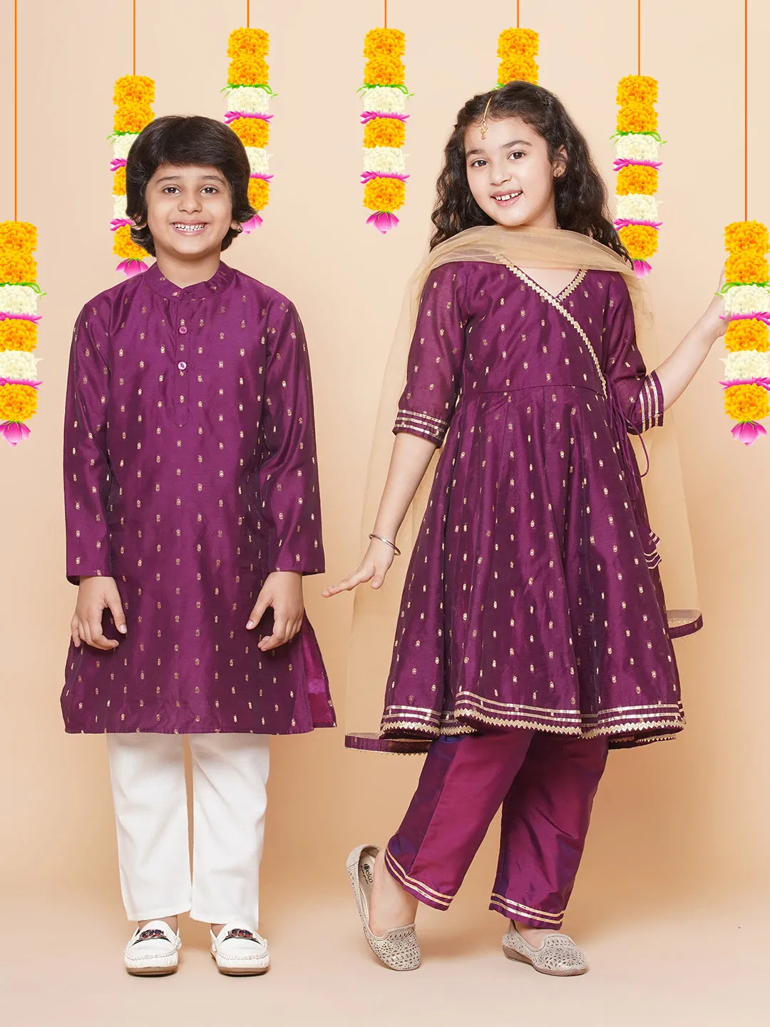 Jashvi Girls Burgundy  self design  Angrakha Gotta Patti Kurta & Trousers set  With Dupatta