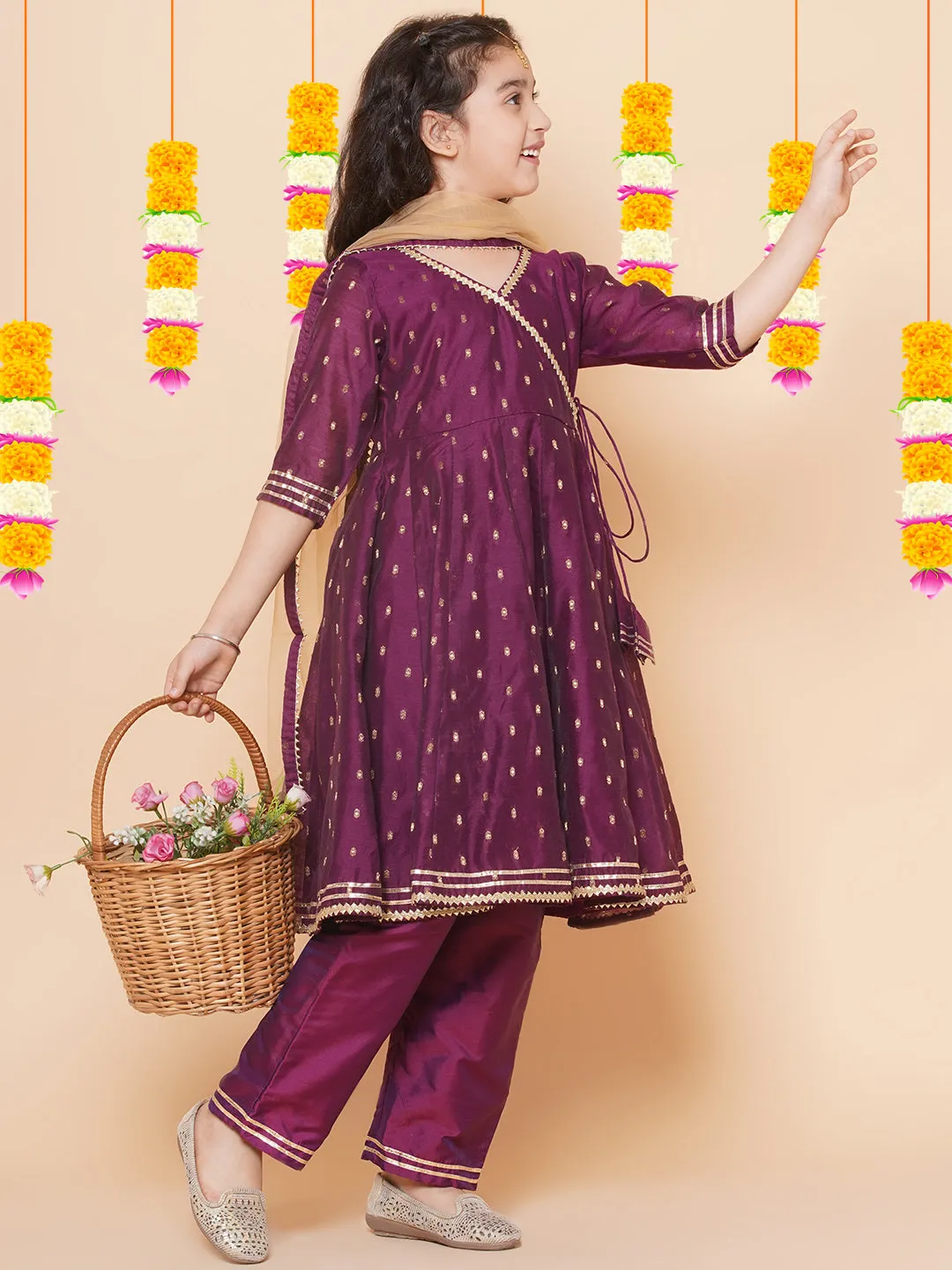 Jashvi Girls Burgundy  self design  Angrakha Gotta Patti Kurta & Trousers set  With Dupatta