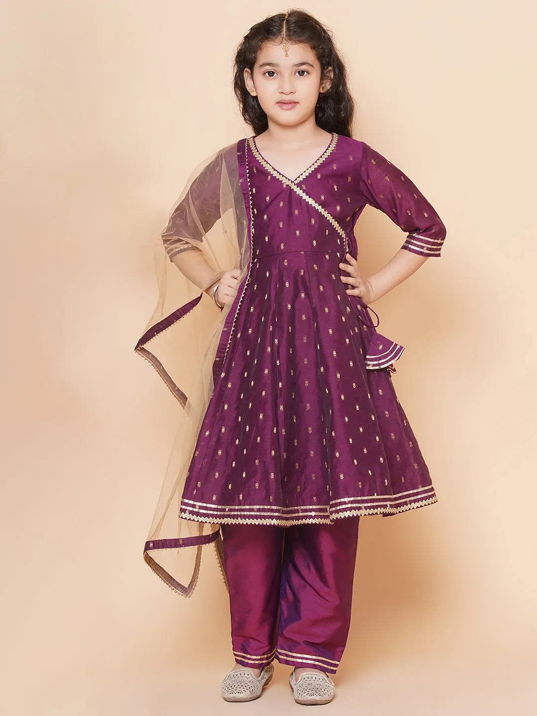 Jashvi Girls Burgundy  self design  Angrakha Gotta Patti Kurta & Trousers set  With Dupatta