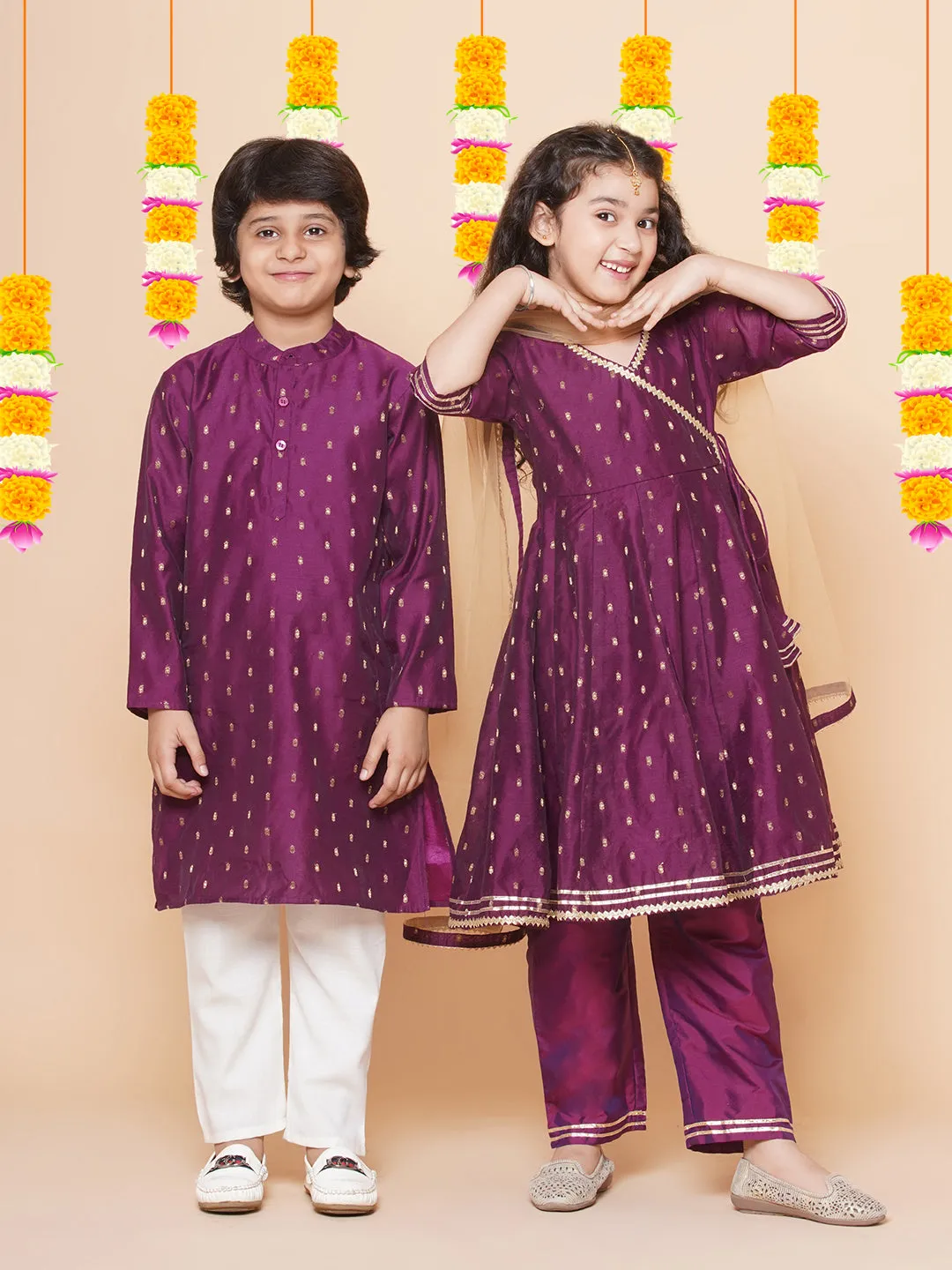 Jashvi Girls Burgundy  self design  Angrakha Gotta Patti Kurta & Trousers set  With Dupatta