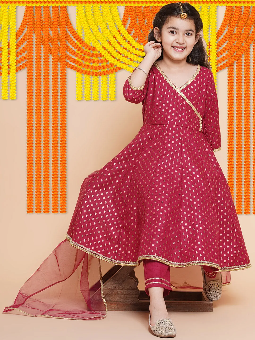 Jashvi Girls Maroon Ethnic Motifs Printed Angrakha Cotton Kurta With Trouser & Dupatta