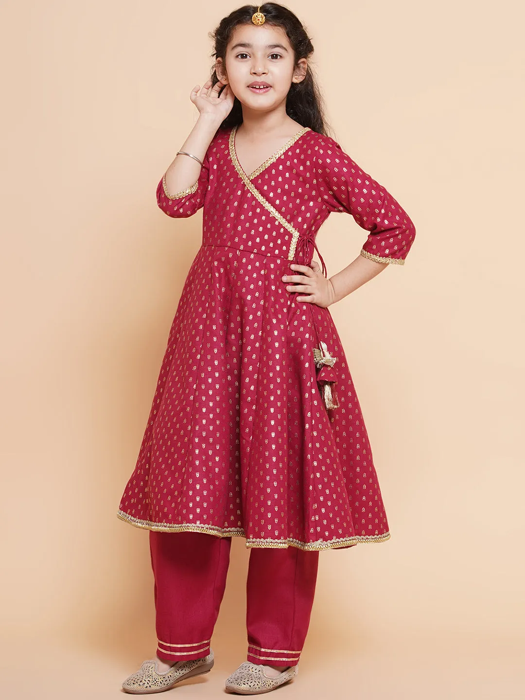 Jashvi Girls Maroon Ethnic Motifs Printed Angrakha Cotton Kurta With Trouser & Dupatta