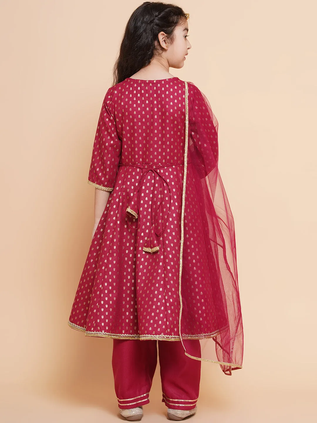 Jashvi Girls Maroon Ethnic Motifs Printed Angrakha Cotton Kurta With Trouser & Dupatta