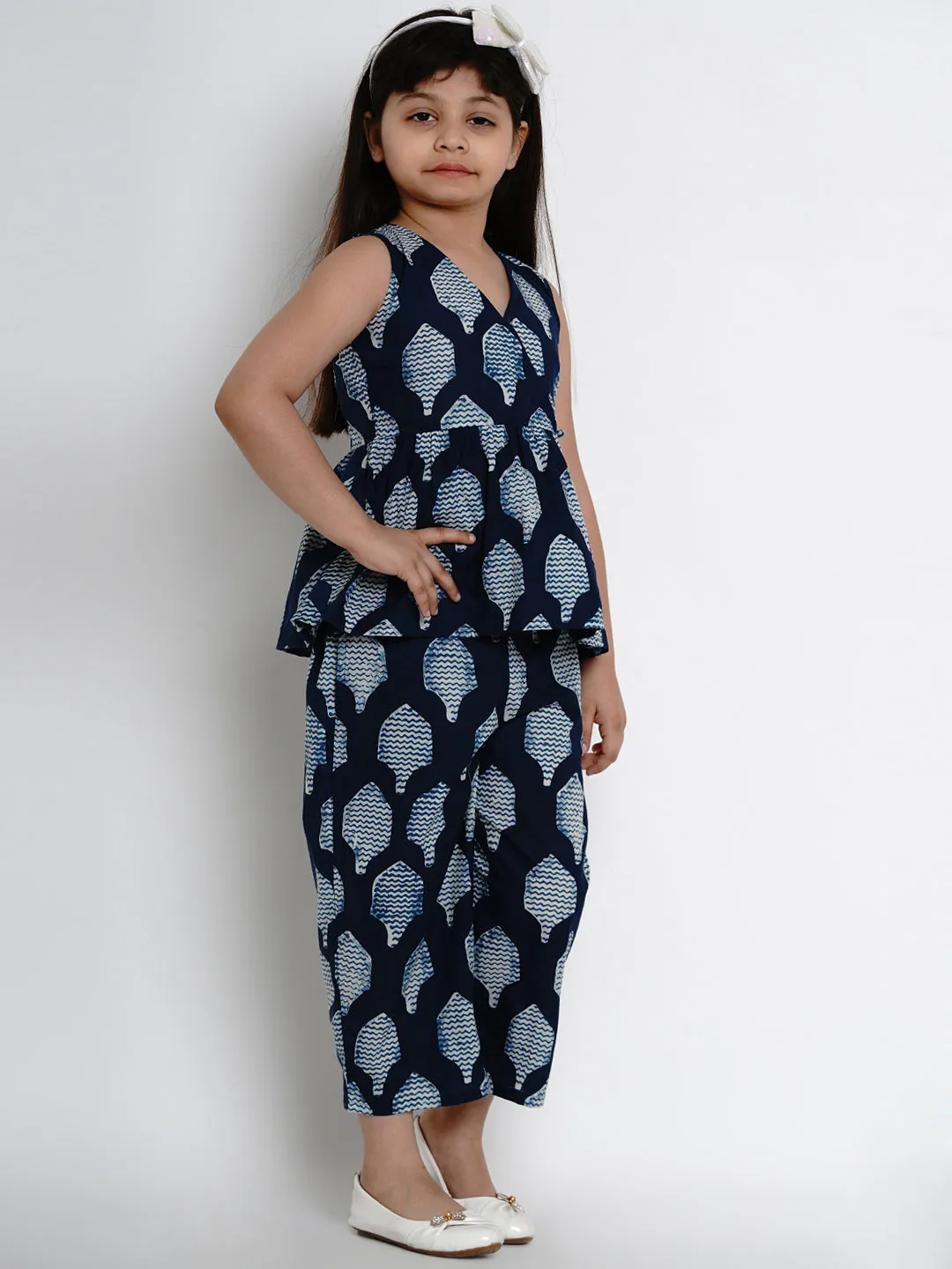 Jashvi Girls Navy Blue Printed Top with Pant Set