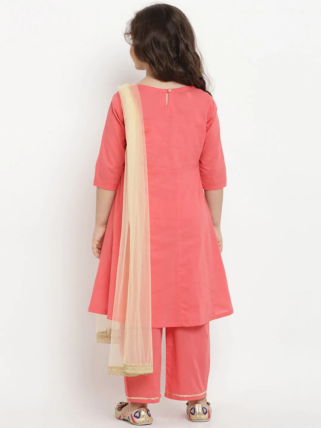 Jashvi Girls Peach-Coloured Embroidered Kurta with Trousers & Dupatta