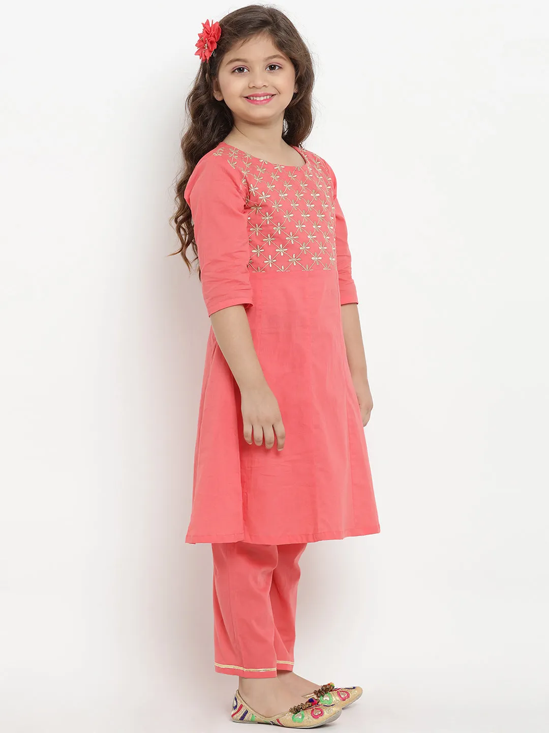 Jashvi Girls Peach-Coloured Embroidered Kurta with Trousers & Dupatta