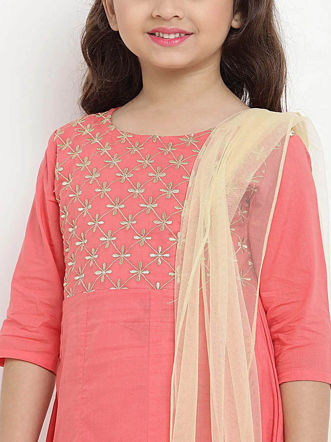 Jashvi Girls Peach-Coloured Embroidered Kurta with Trousers & Dupatta