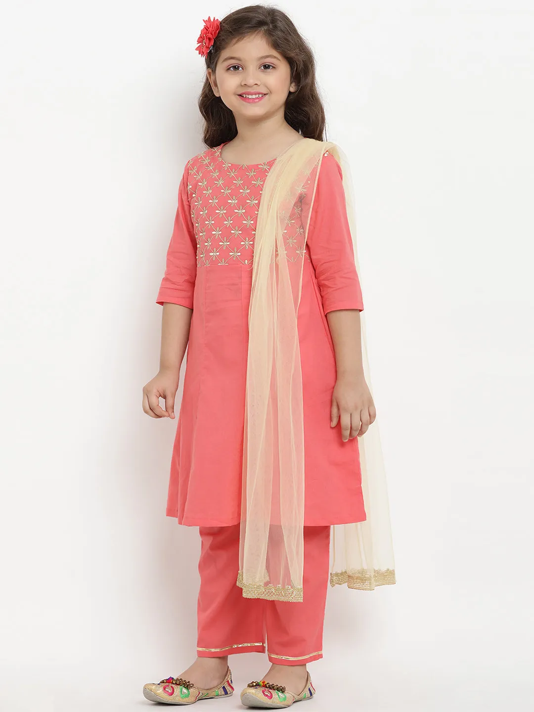 Jashvi Girls Peach-Coloured Embroidered Kurta with Trousers & Dupatta