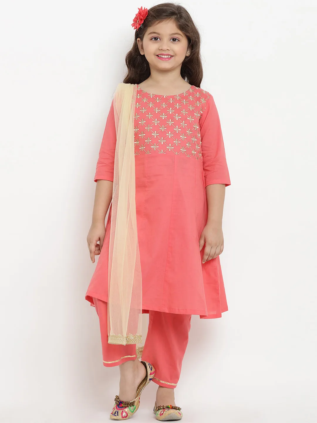 Jashvi Girls Peach-Coloured Embroidered Kurta with Trousers & Dupatta