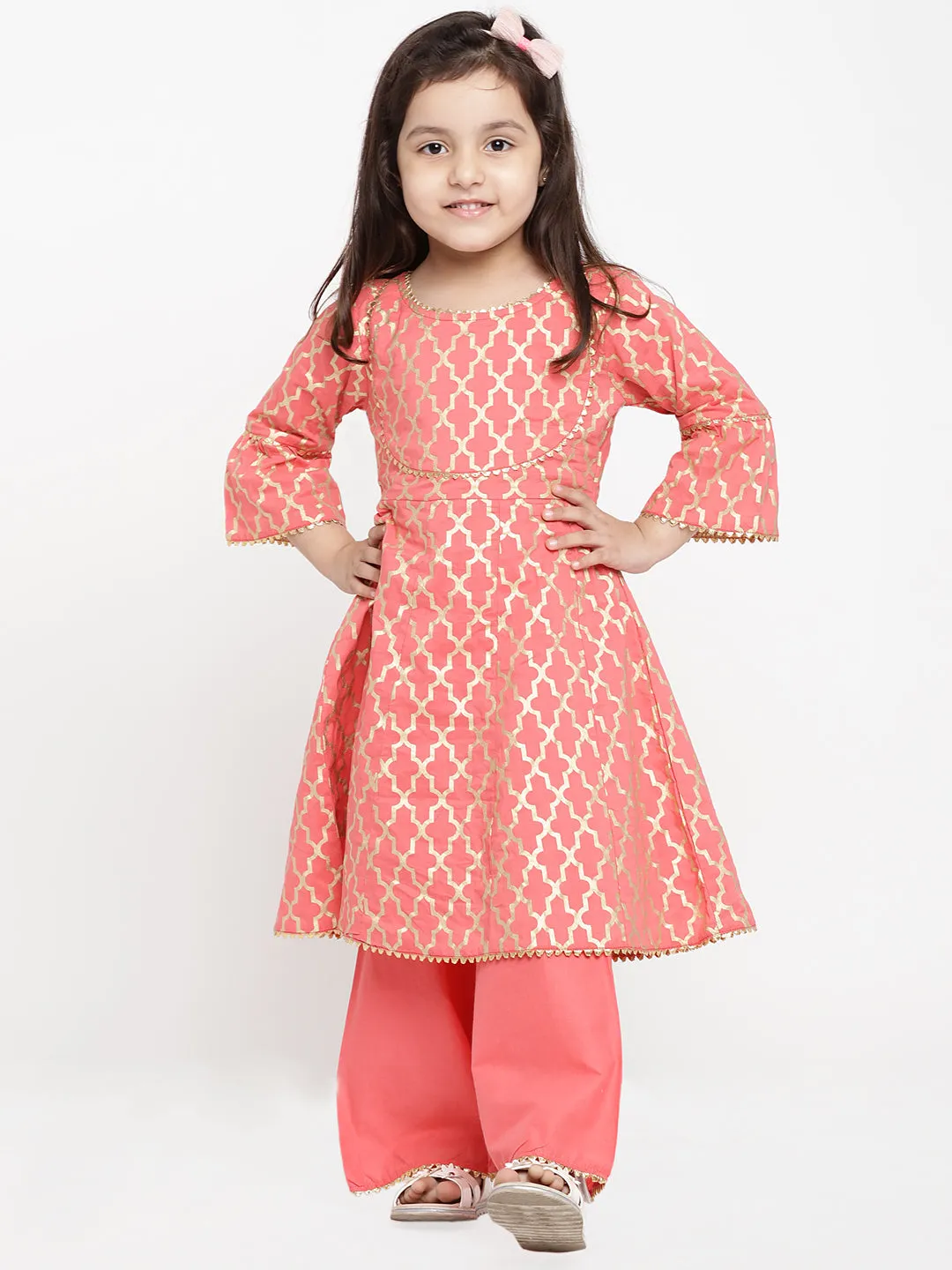 Jashvi Girls Peach-Coloured Printed Kurti with Palazzos