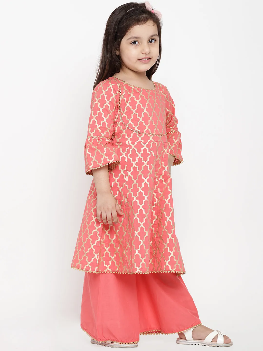 Jashvi Girls Peach-Coloured Printed Kurti with Palazzos