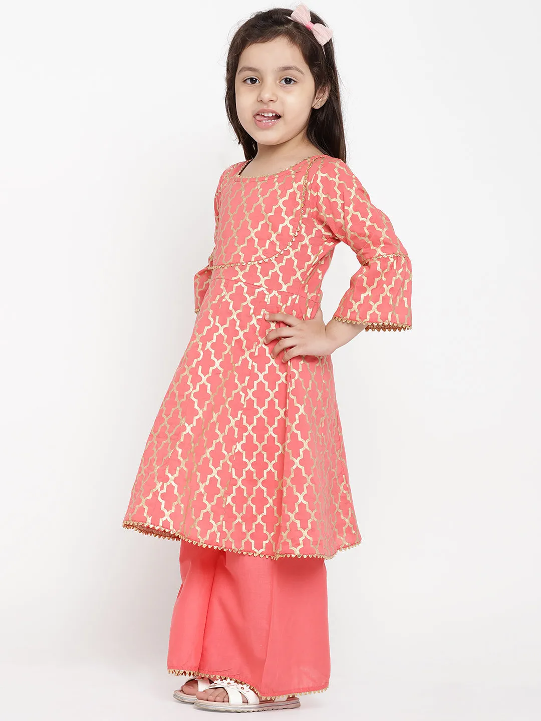 Jashvi Girls Peach-Coloured Printed Kurti with Palazzos