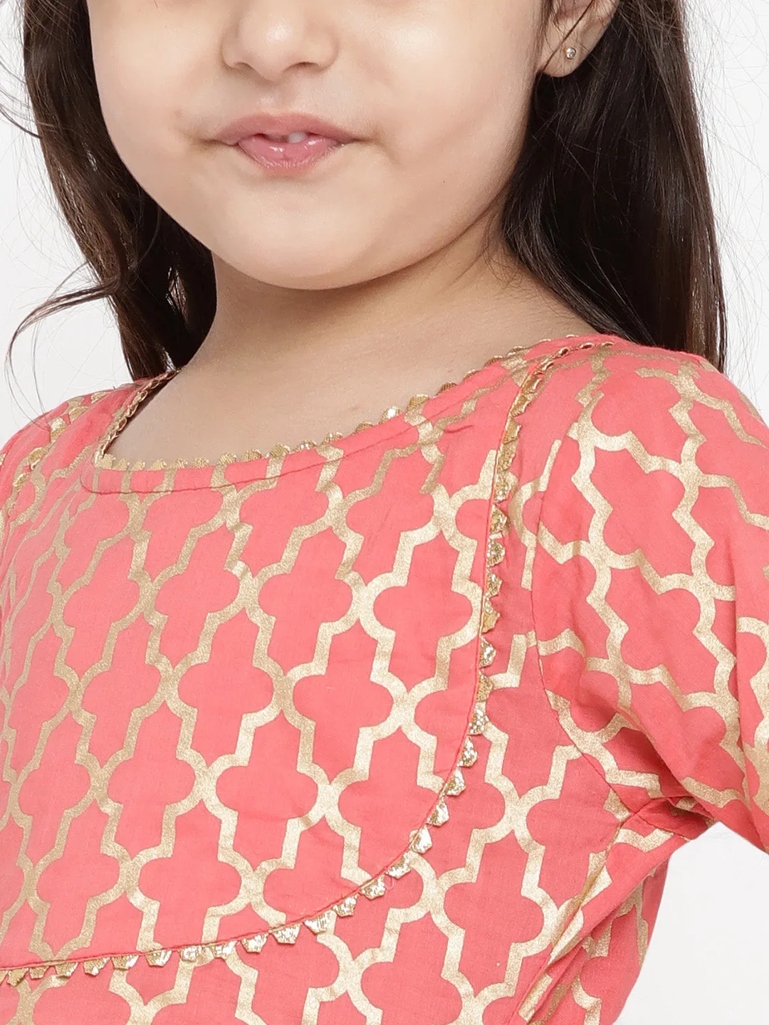 Jashvi Girls Peach-Coloured Printed Kurti with Palazzos