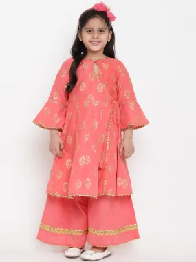 Jashvi Girls Peach-Coloured Woven Design Kurti With Palazzos