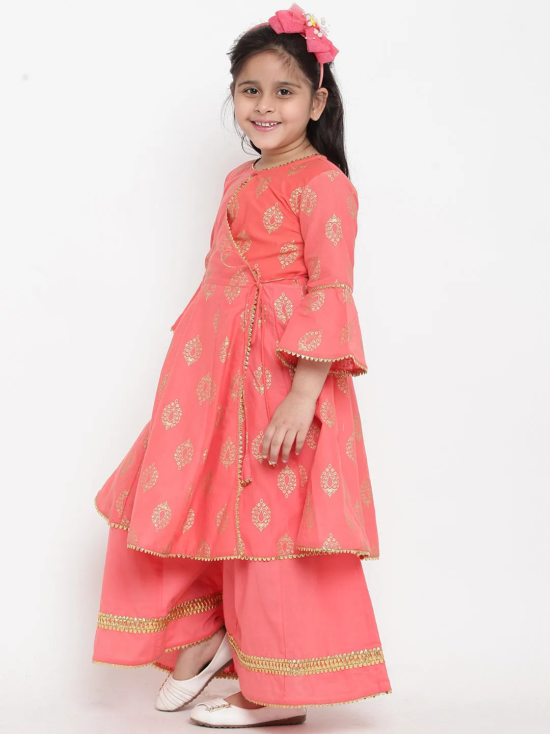 Jashvi Girls Peach-Coloured Woven Design Kurti With Palazzos