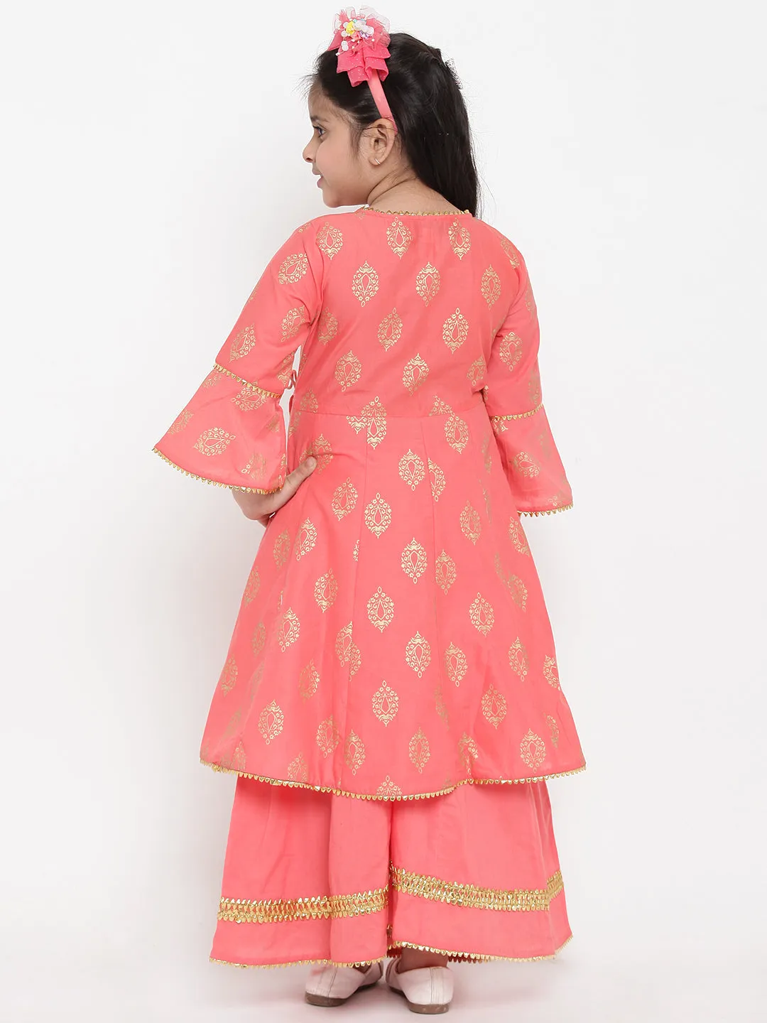 Jashvi Girls Peach-Coloured Woven Design Kurti With Palazzos