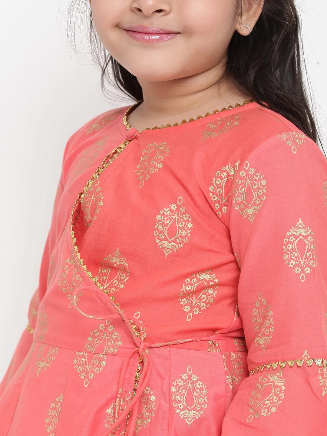 Jashvi Girls Peach-Coloured Woven Design Kurti With Palazzos